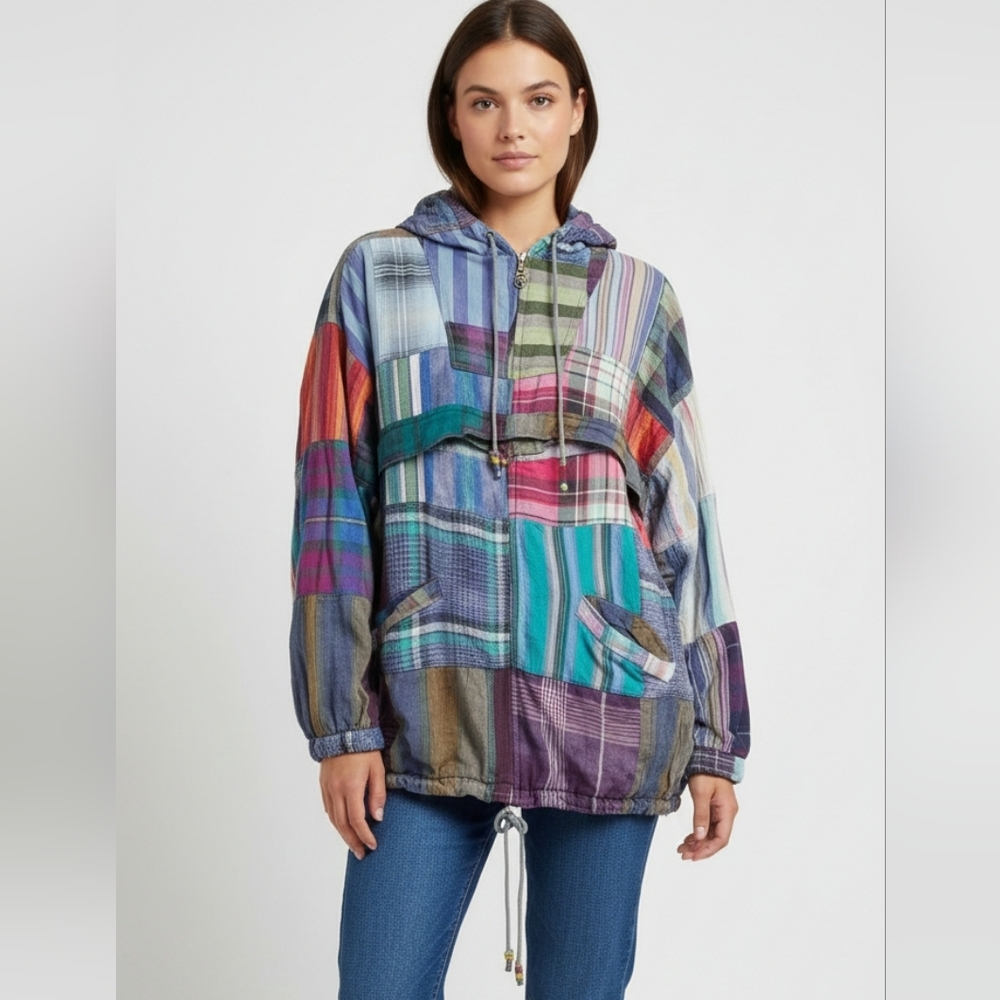 Vintage Jou Jou Americas Favorite Patchwork Hooded 1/4 Zip Jacket Retro OS